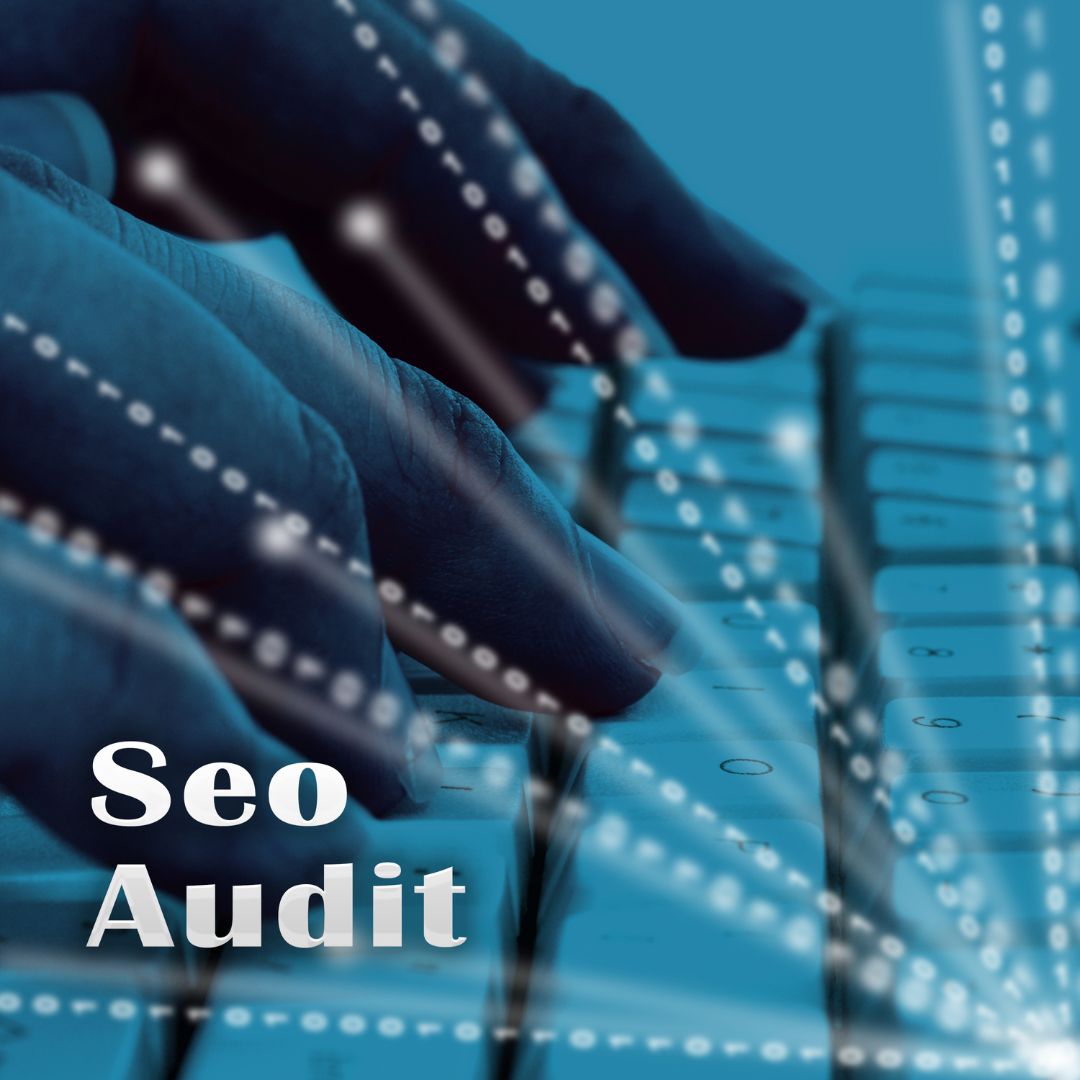 hands typing with data coming out and the words seo audit