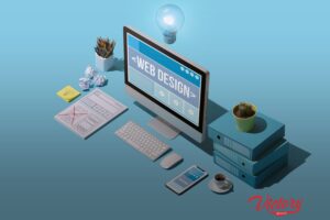 a desktop and different devices with a word "Web design" on screen