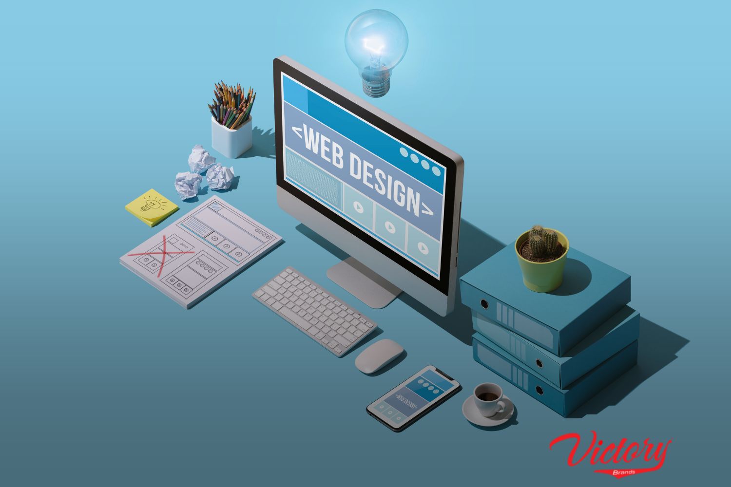 a desktop and different devices with a word "Web design" on screen